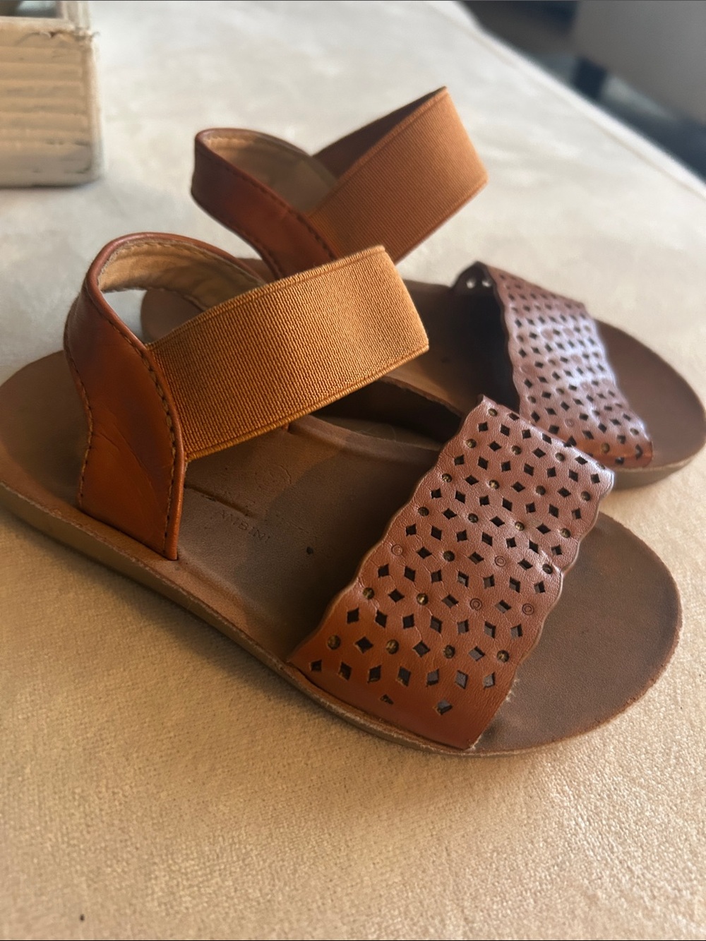 Adrienne Vittadini Tan Brown Laser-Cut Girls Sandals with Elastic Strap